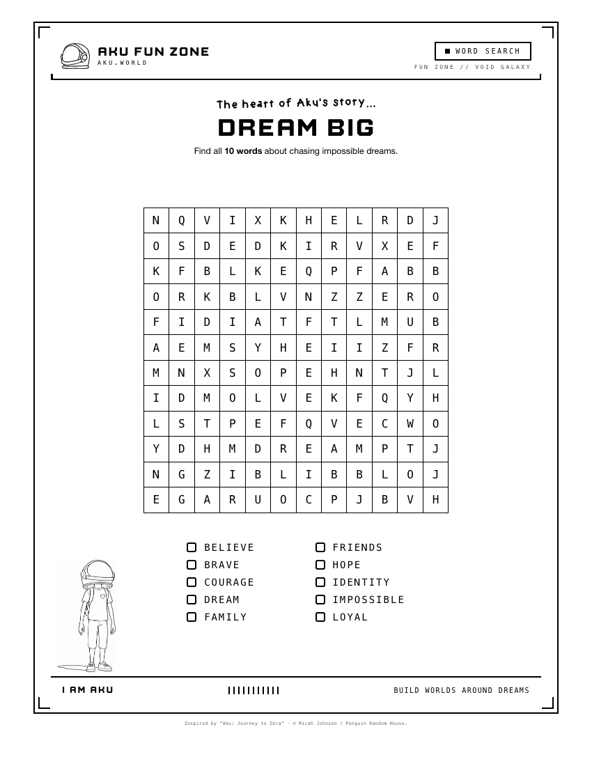 Dream Big, word search printable sheet