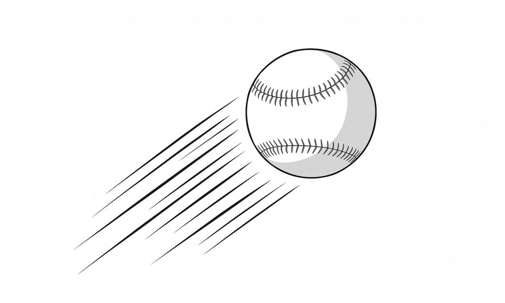 A baseball flying fast, motion lines behind it