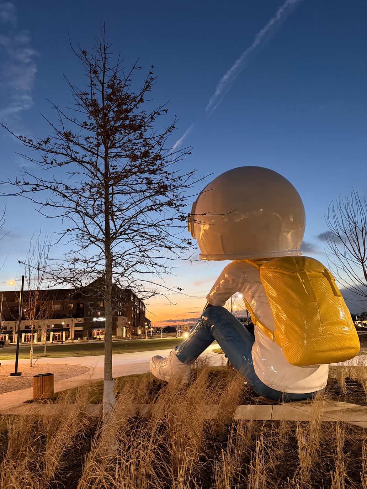 The 25-foot Aku sculpture at dusk in Plainfield, Indiana