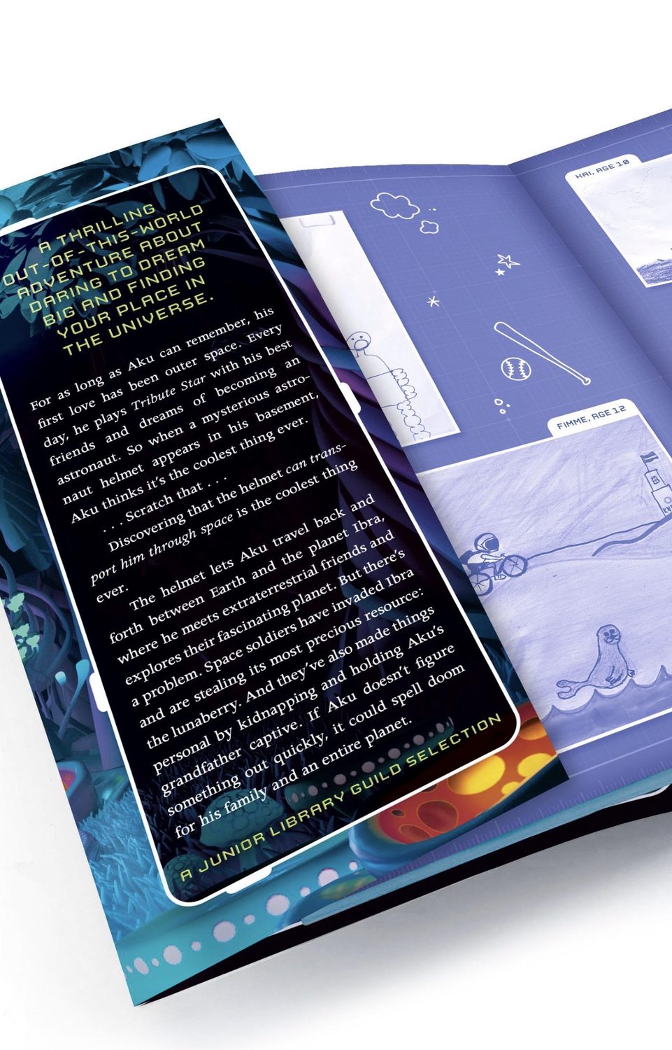 Aku: Journey to Ibra: open book showing endpapers and jacket